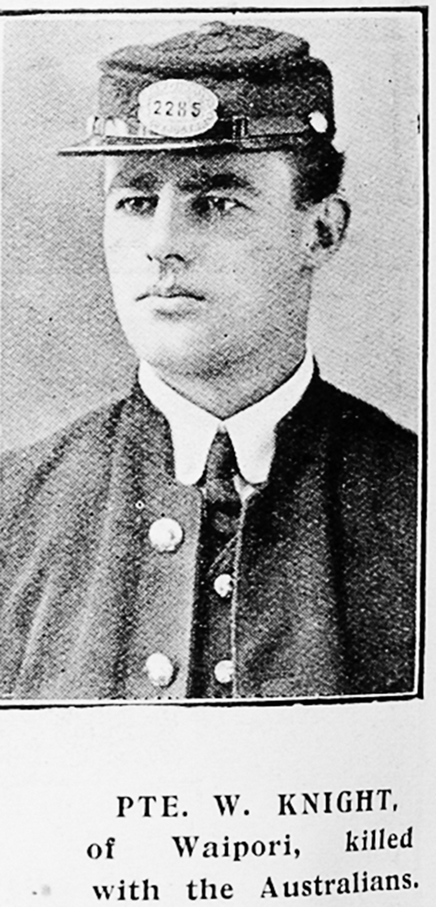 Portrait of Private Wilfred Knight, published in the Auckland Weekly News on 13 May 1915. Sir George Grey Special Collections, Auckland Libraries. - AWNS_19150513_38_24