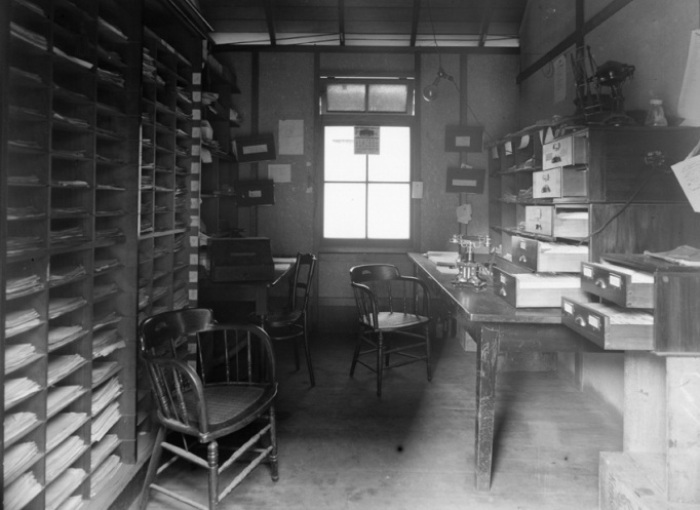Inside the city recruiting station in Auckland showing paper work and shelves.
