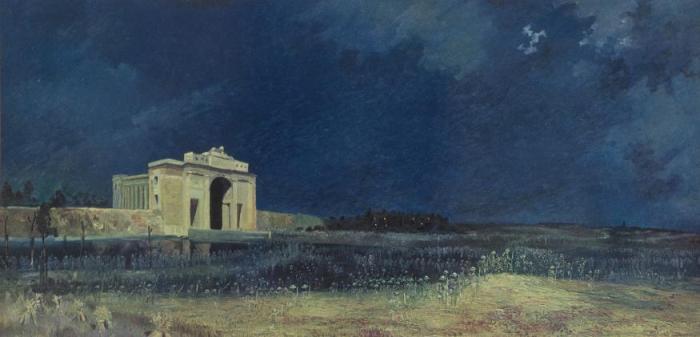 Painting of the Menin Gate at midnight, showing the gate and ghostly outlines of soldiers.