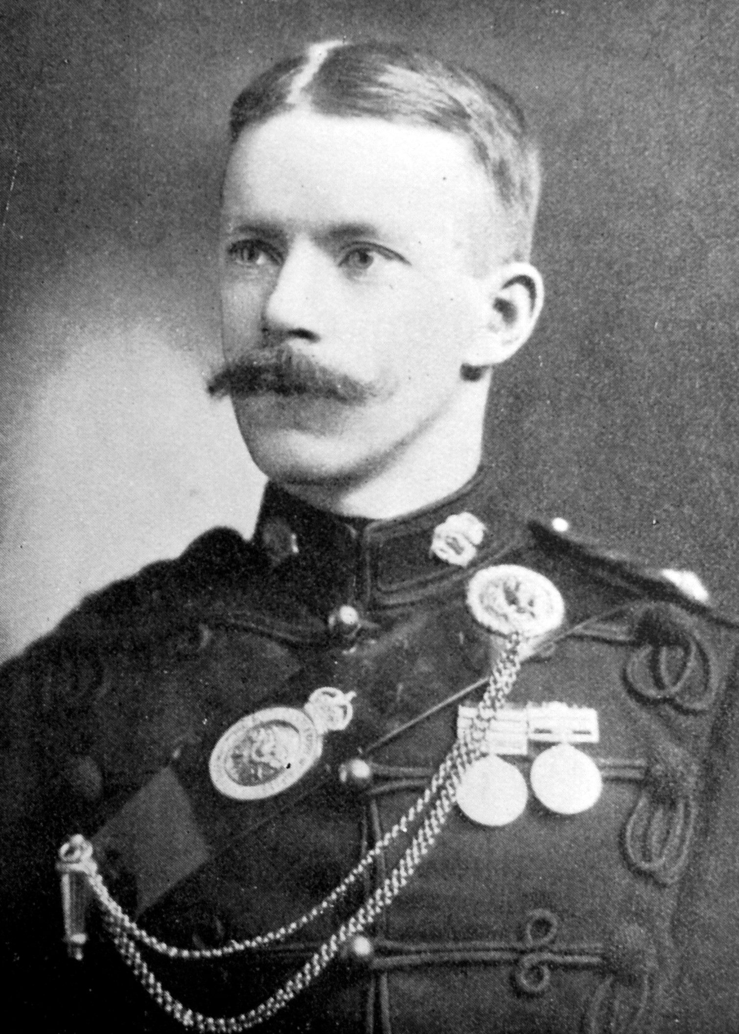 Percy Overton in the full dress uniform of an officer in the Amuri Mounted Rifles in about 1909