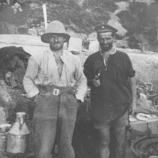 Rupert Pyle (left) and Frank Pyle (right) outside their bivouac at Gallipoli